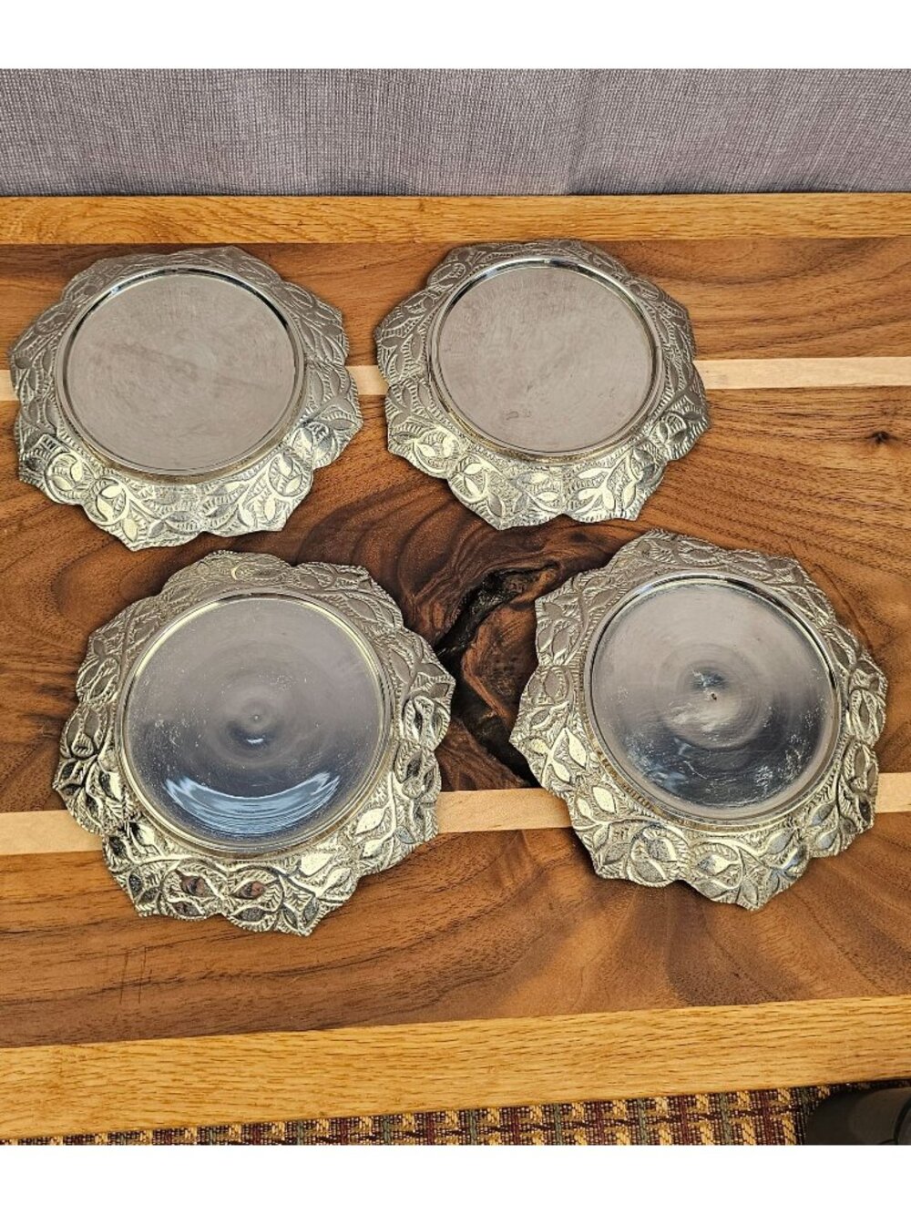 Vintage Silver-Plated Leaf Design Drink Coasters Set Of 4, 4 Inch Diameter